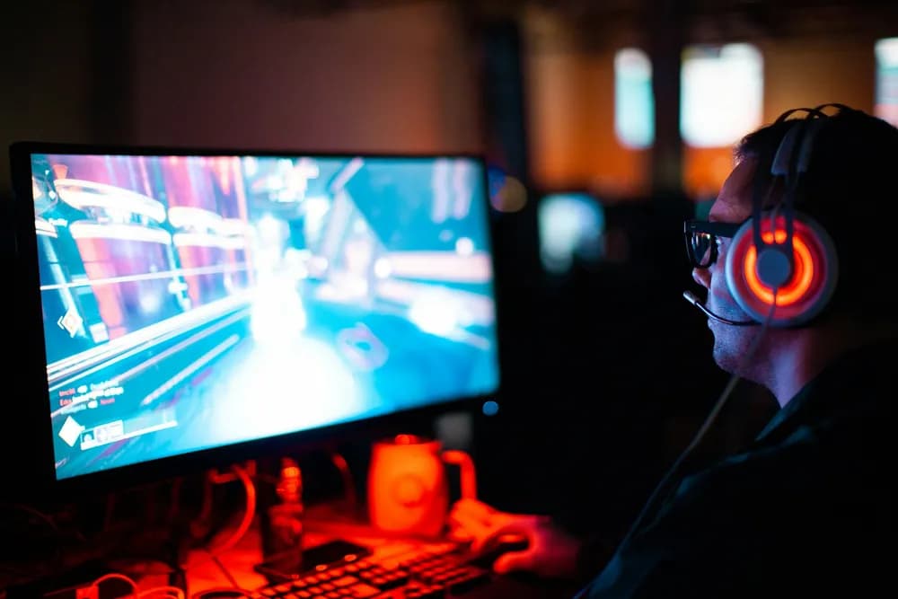 Player in a VR headset in red light